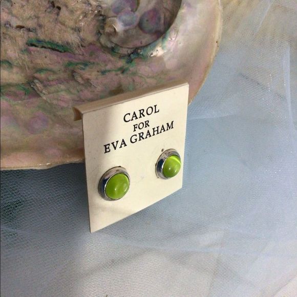 Vintage Carol For Eva Graham Stud Pierced Earrings Silver & Green Round - Picture 7 of 13